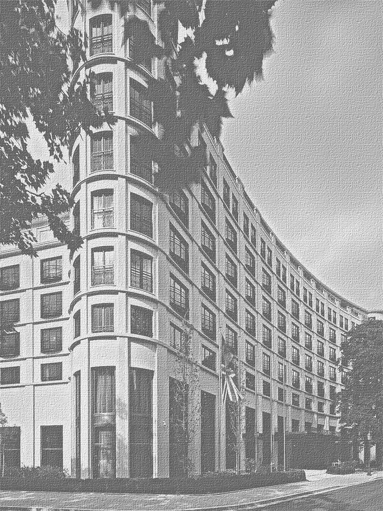 Fassade des Charles Hotels auf Büttenpapier gedruckt